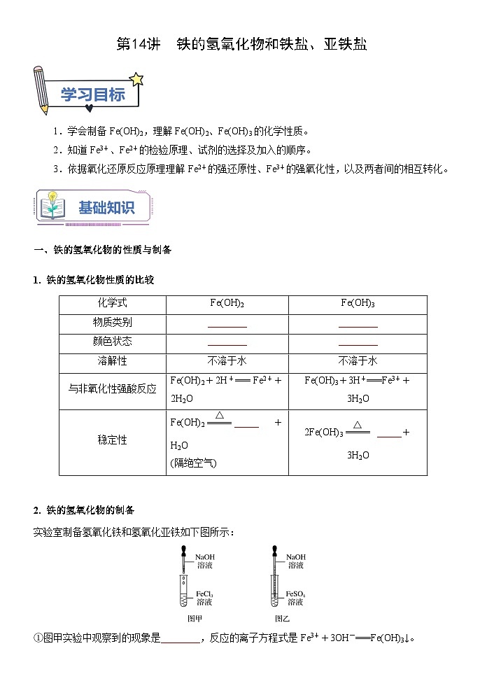 （人教版）新高一化学暑假衔接第14讲 铁的氢氧化物和铁盐、亚铁盐（学生版+教师版）讲义01