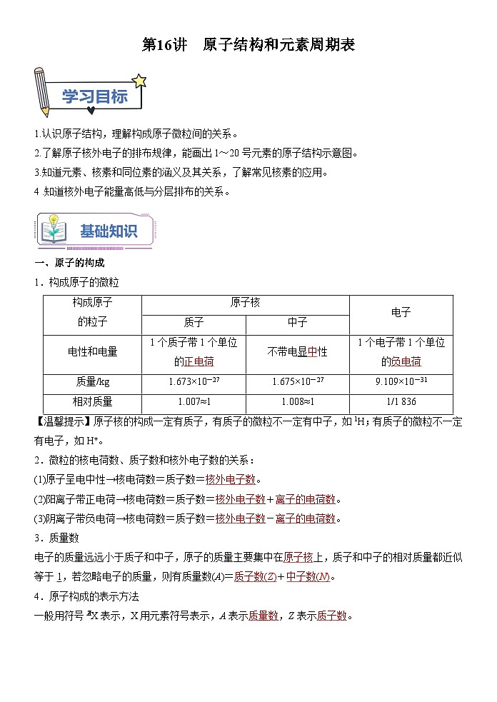 （人教版）新高一化学暑假衔接第16讲 原子结构和元素周期表（学生版+教师版）讲义01