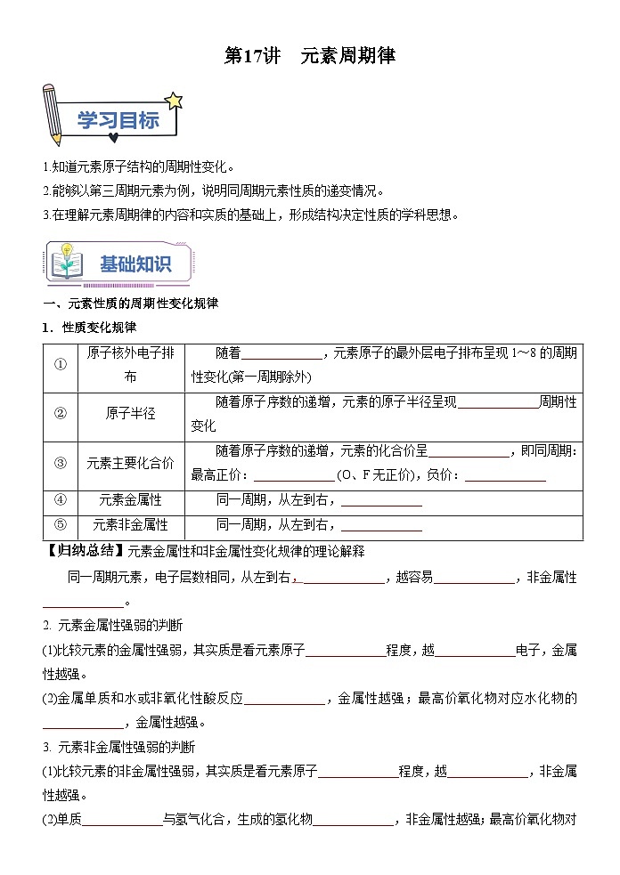 （人教版）新高一化学暑假衔接第17讲 元素周期律（学生版+教师版）讲义01