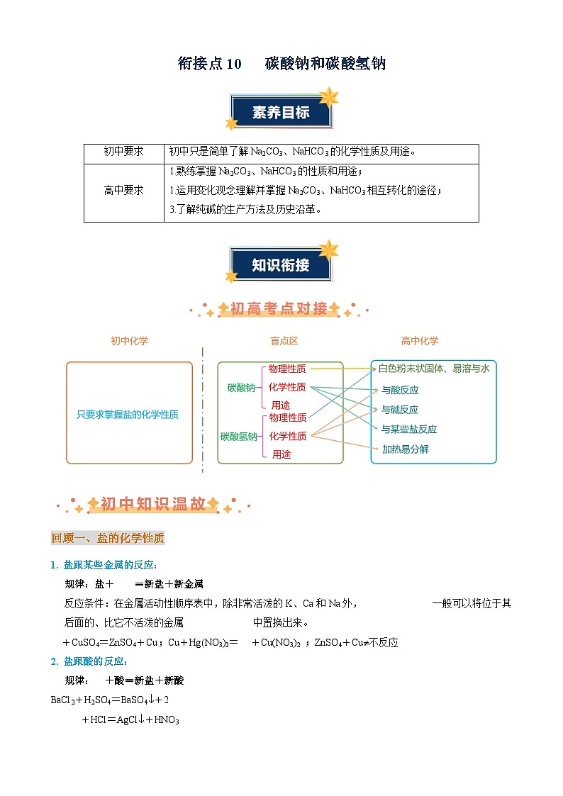 衔接点10  碳酸钠和碳酸氢钠（原卷版+解析版）2024年初升高化学无忧衔接（通用版）01