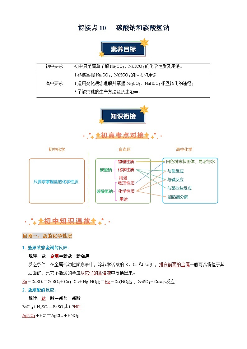 衔接点10  碳酸钠和碳酸氢钠（原卷版+解析版）2024年初升高化学无忧衔接（通用版）01