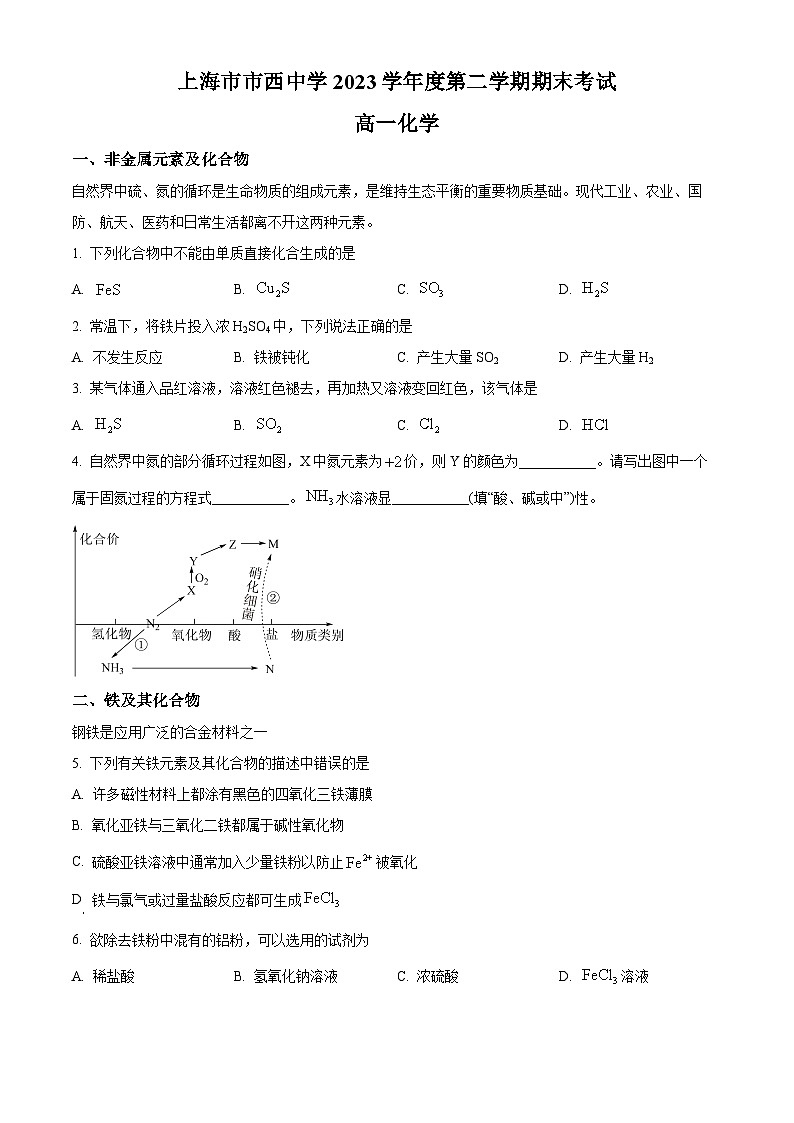 上海市市西中学2023-2024学年高一下学期期末考试 化学试题第1页
