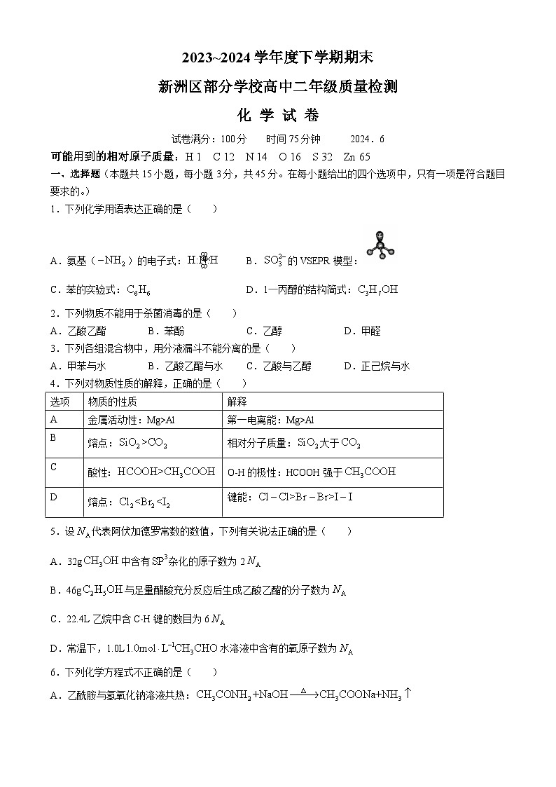 2024武汉新洲区高二下学期6月期末化学试题含答案第1页