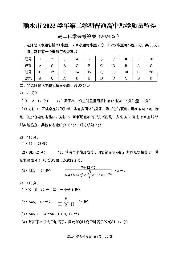 浙江省丽水市2023-2024学年高二下学期6月期末考试化学01