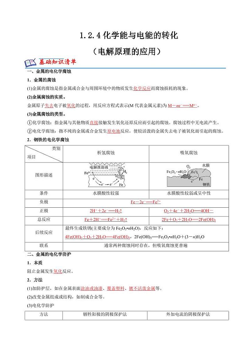 1.3金属的腐蚀与防护(知识清单+分层练习)-2023-2024学年高二化学同步精品课堂（苏教版2019选择性必修第一册）（原卷版+解析版）01