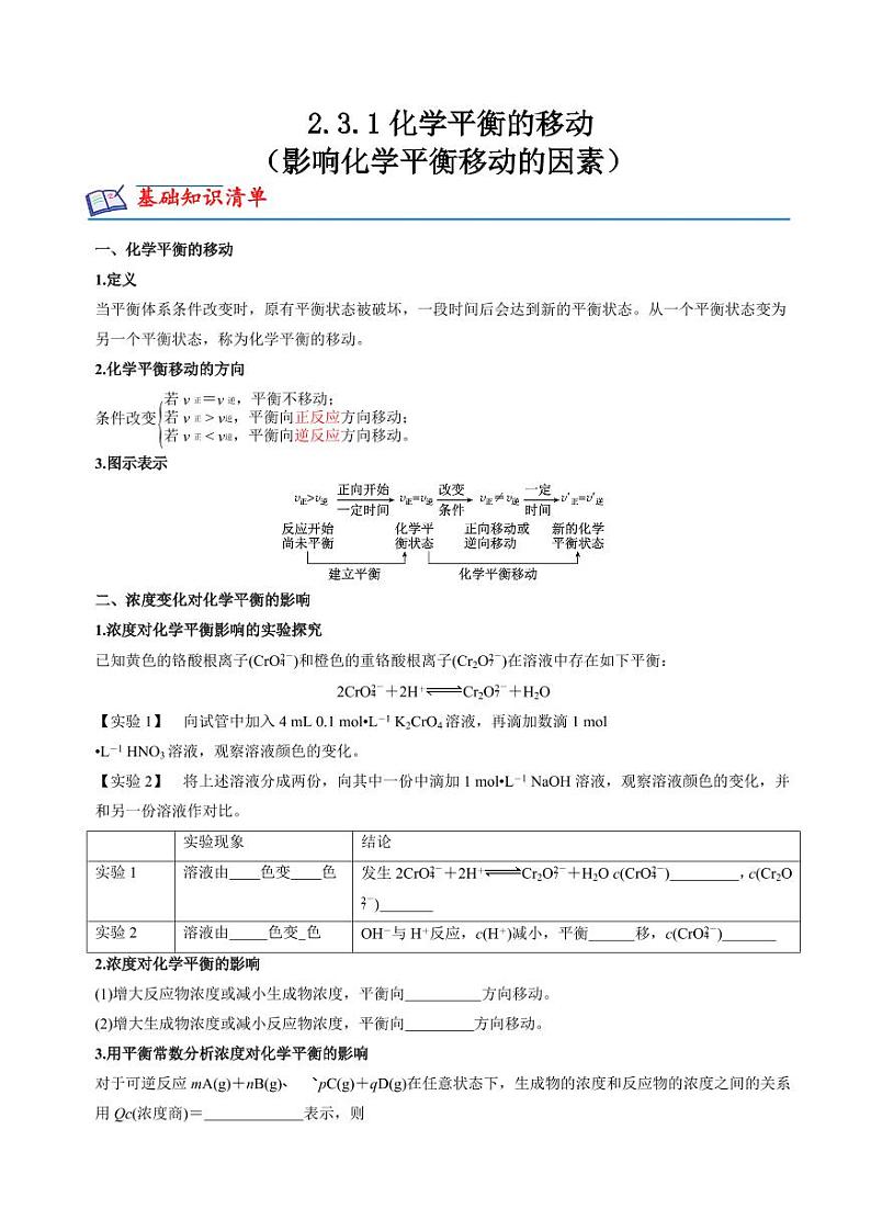 2.3.1 影响化学平衡移动的因素(知识清单+分层练习)-2023-2024学年高二化学同步精品课堂（苏教版2019选择性必修1）（原卷版+解析版）01
