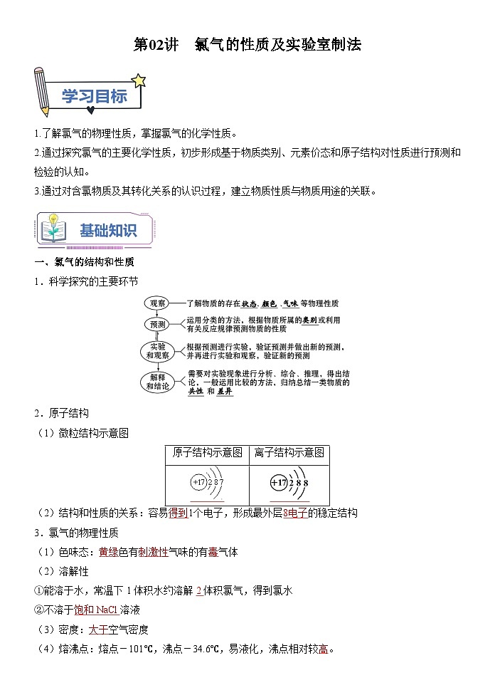 第02讲 氯气的性质及实验室制法-【暑假自学课】2023年新高一化学暑假精品课（鲁科版2019必修第一册）（解析版）第1页