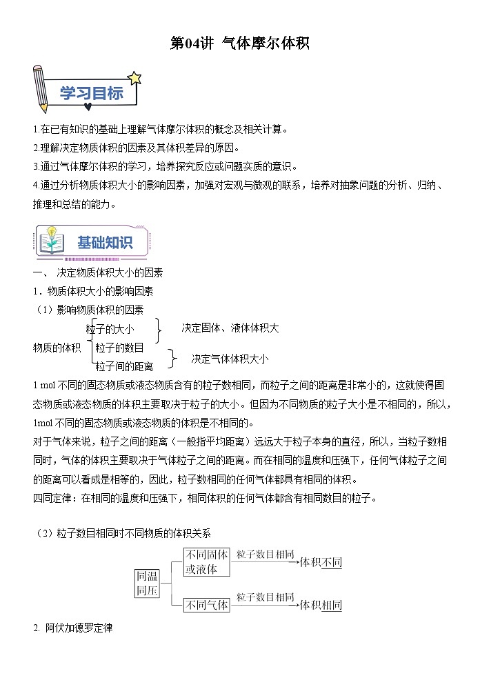 第04讲 气体摩尔体积-【暑假自学课】2023年新高一化学暑假精品课（鲁科版2019必修第一册）（原卷版）第1页
