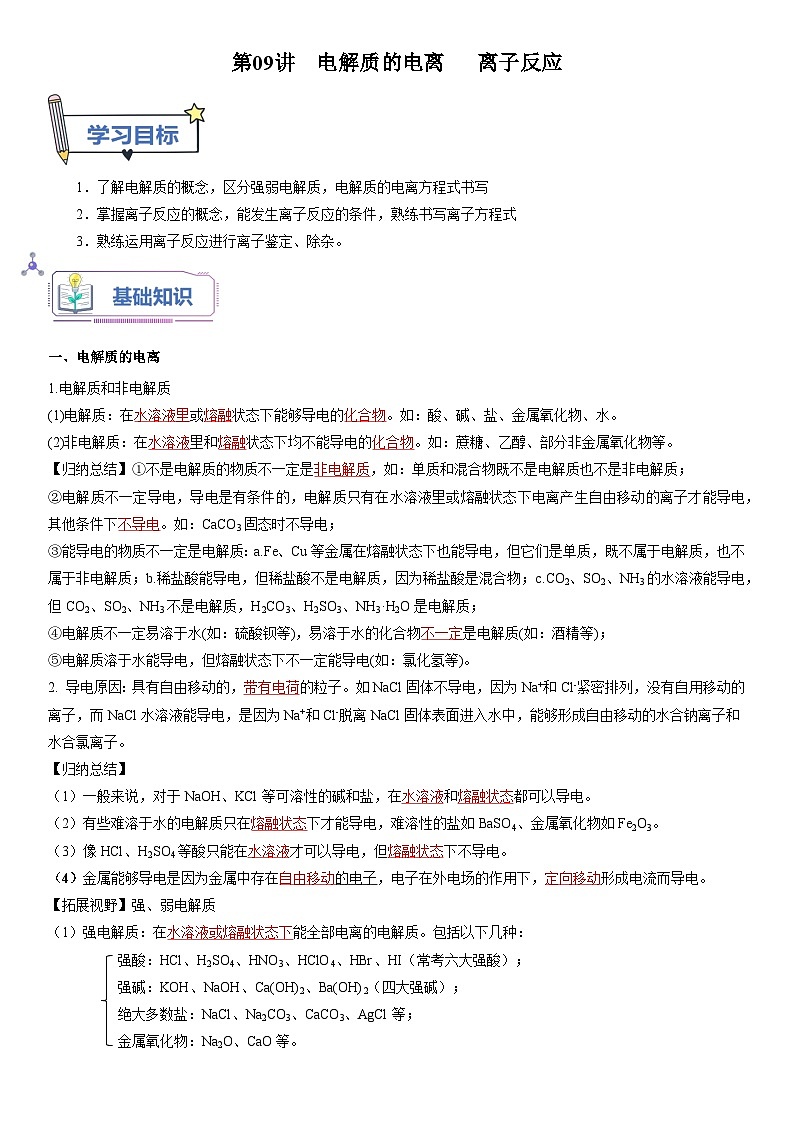 第09讲 电解质的电离  离子反应-【暑假自学课】2023年新高一化学暑假精品课（鲁科版2019必修第一册）（解析版）第1页