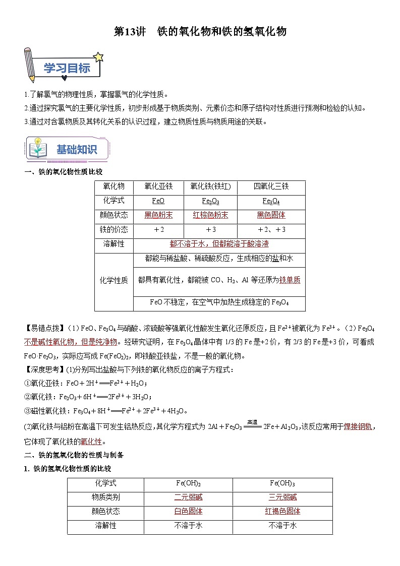 第13讲 铁的氧化物和铁的氢氧化物-【暑假自学课】2023年新高一化学暑假精品课（鲁科版2019必修第一册）（解析版）第1页