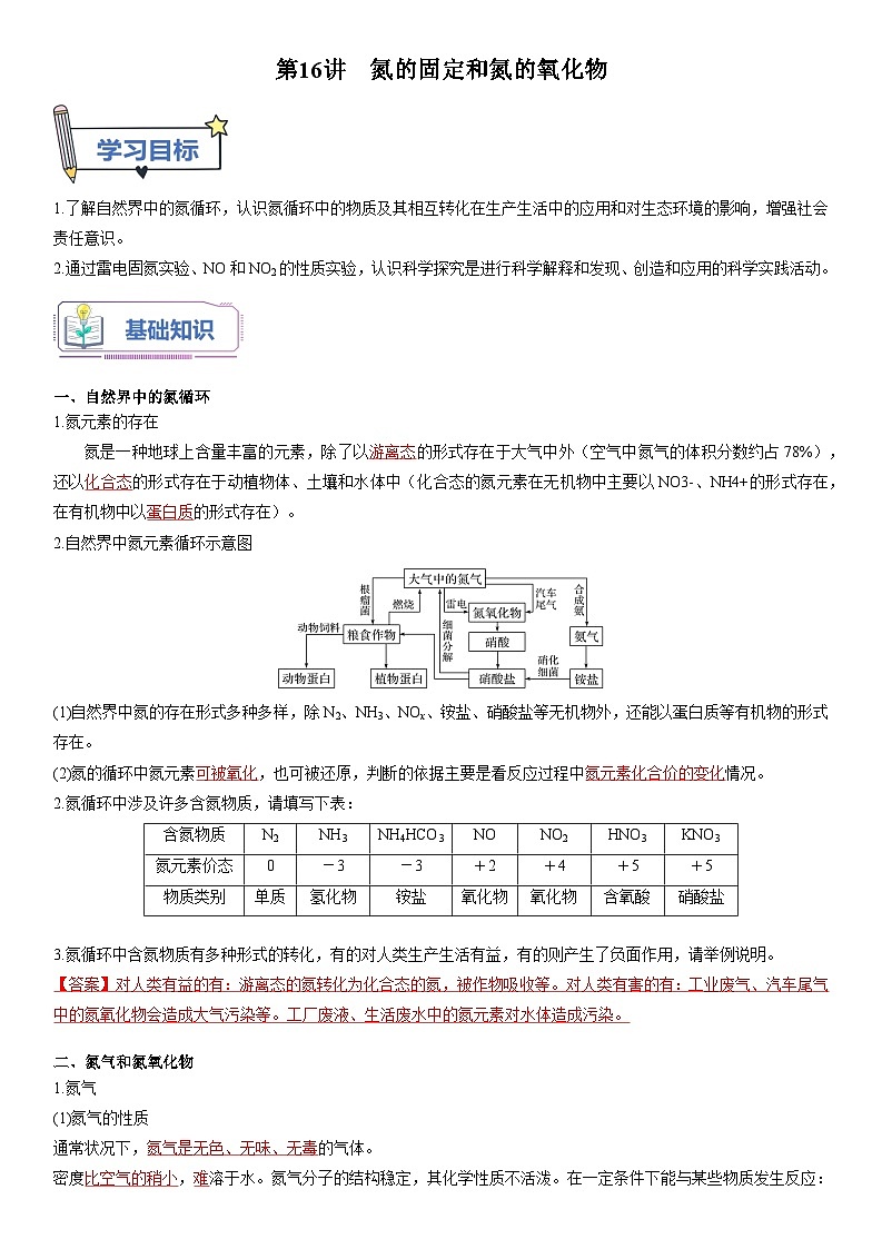 第16讲 氮的固定和氮的氧化物-【暑假自学课】2023年新高一化学暑假精品课（鲁科版2019必修第一册）（解析版）第1页