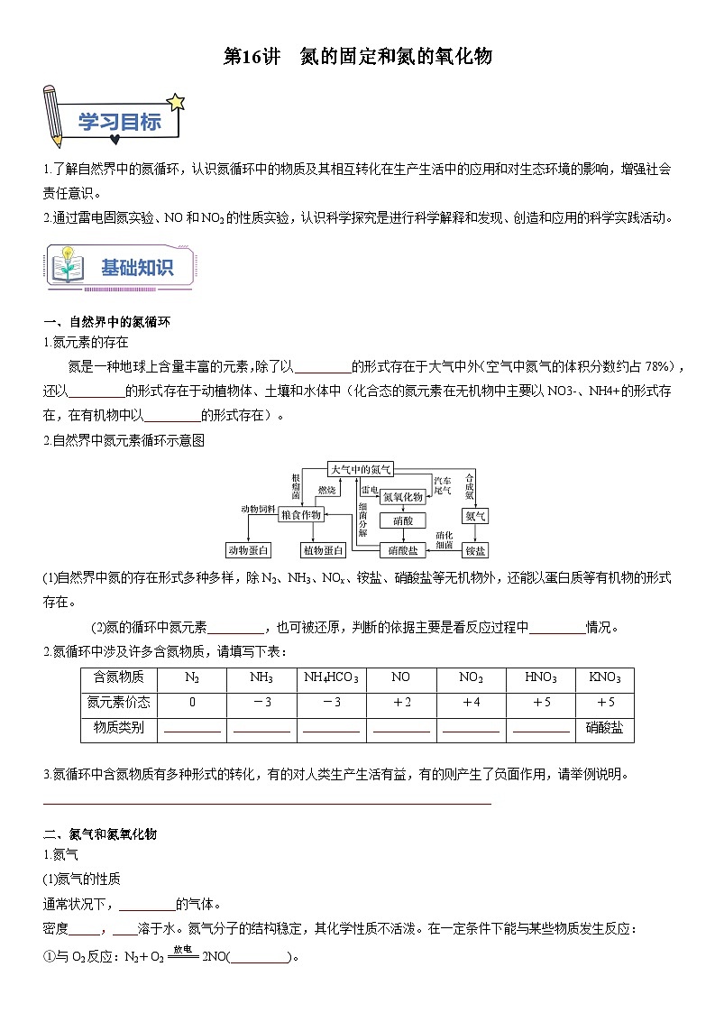 第16讲 氮的固定和氮的氧化物-【暑假自学课】2023年新高一化学暑假精品课（鲁科版2019必修第一册）（原卷版）第1页