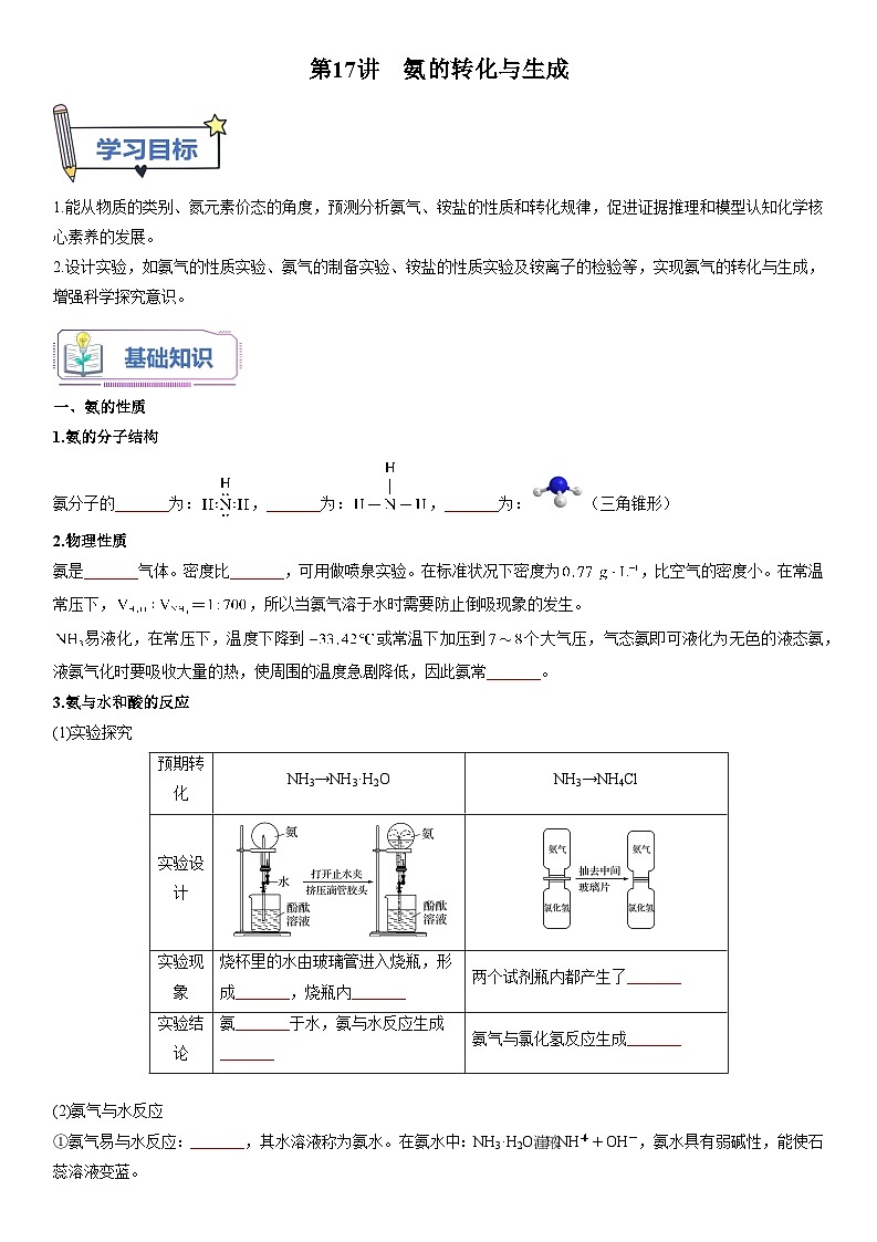 第17讲 氨的转化与生成-【暑假自学课】2023年新高一化学暑假精品课（鲁科版2019必修第一册）（原卷版+解析版）01