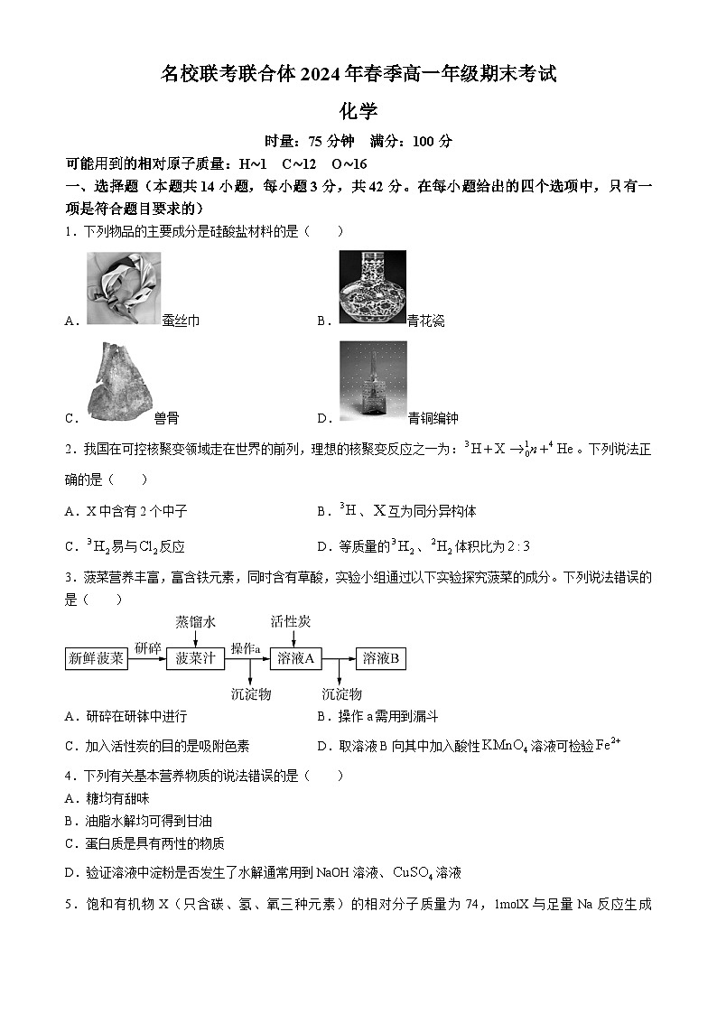 湖南省名校联考联合体2023-2024学年高一下学期期末考试化学试题（含解析）第1页