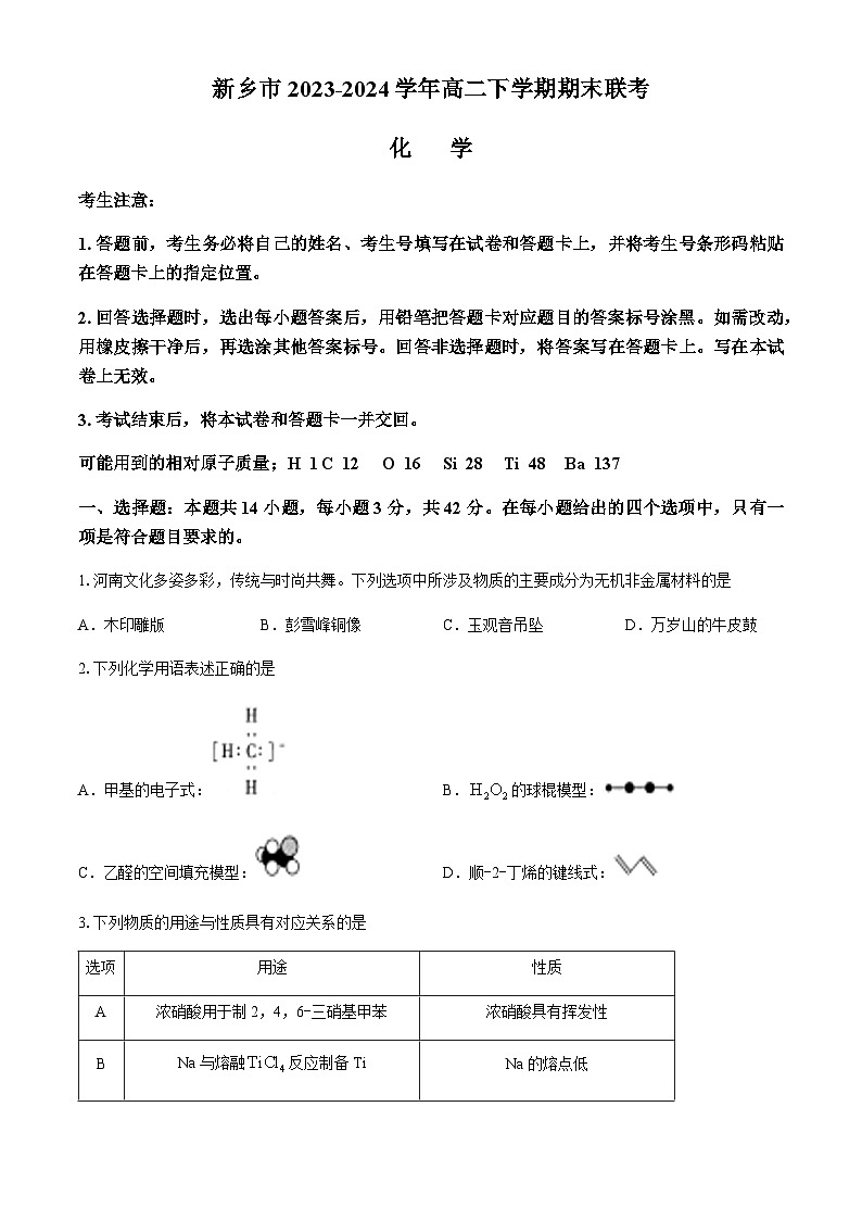 河南省新乡市2023-2024学年高二下学期期末联考化学试题（含解析）01