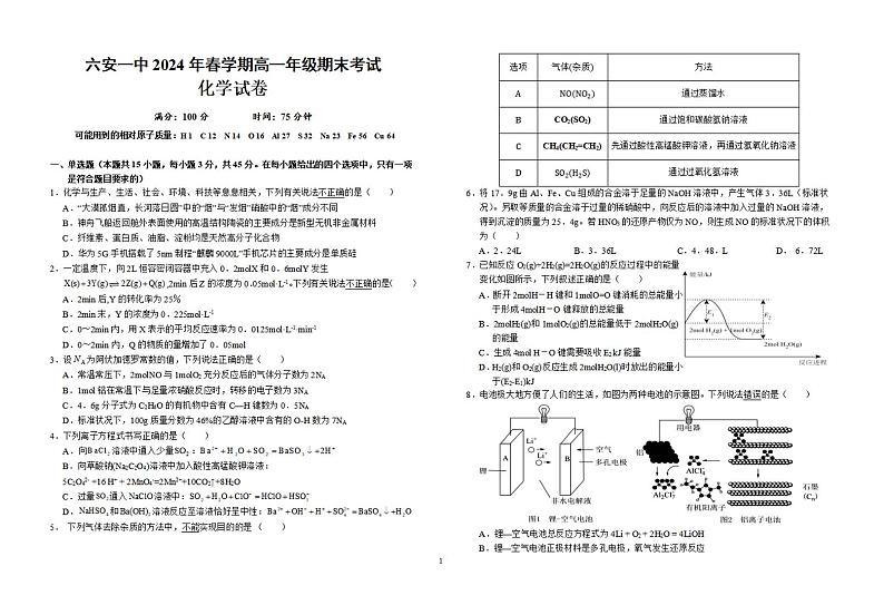 安徽省六安第一中学2023-2024学年高一下学期6月期末考试化学试题01