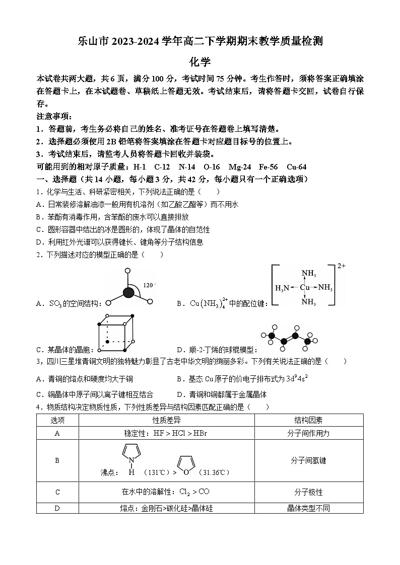 四川省乐山市2023-2024学年高二下学期期末教学质量检测化学试题（含答案）第1页