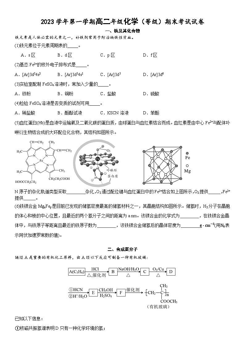 上海外国语大学附属外国语学校东校2023-2024学年高二下学期期末（等级）考试化学试题01