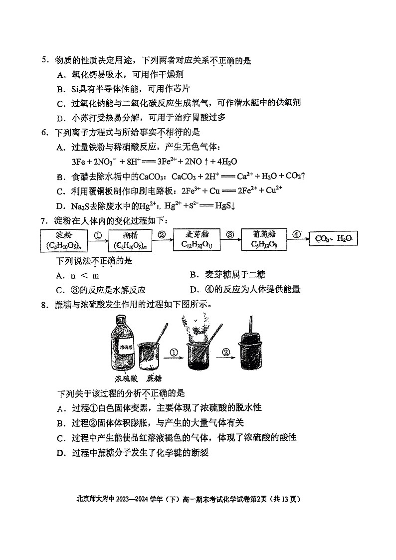 [化学][期末]2024北京北师大附中高一下学期期末化学试卷及答案第2页