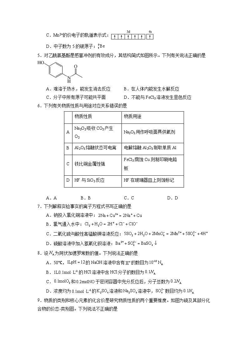 2024届新高三开学摸底考试卷 化学试题（全国通用，新教材）0102