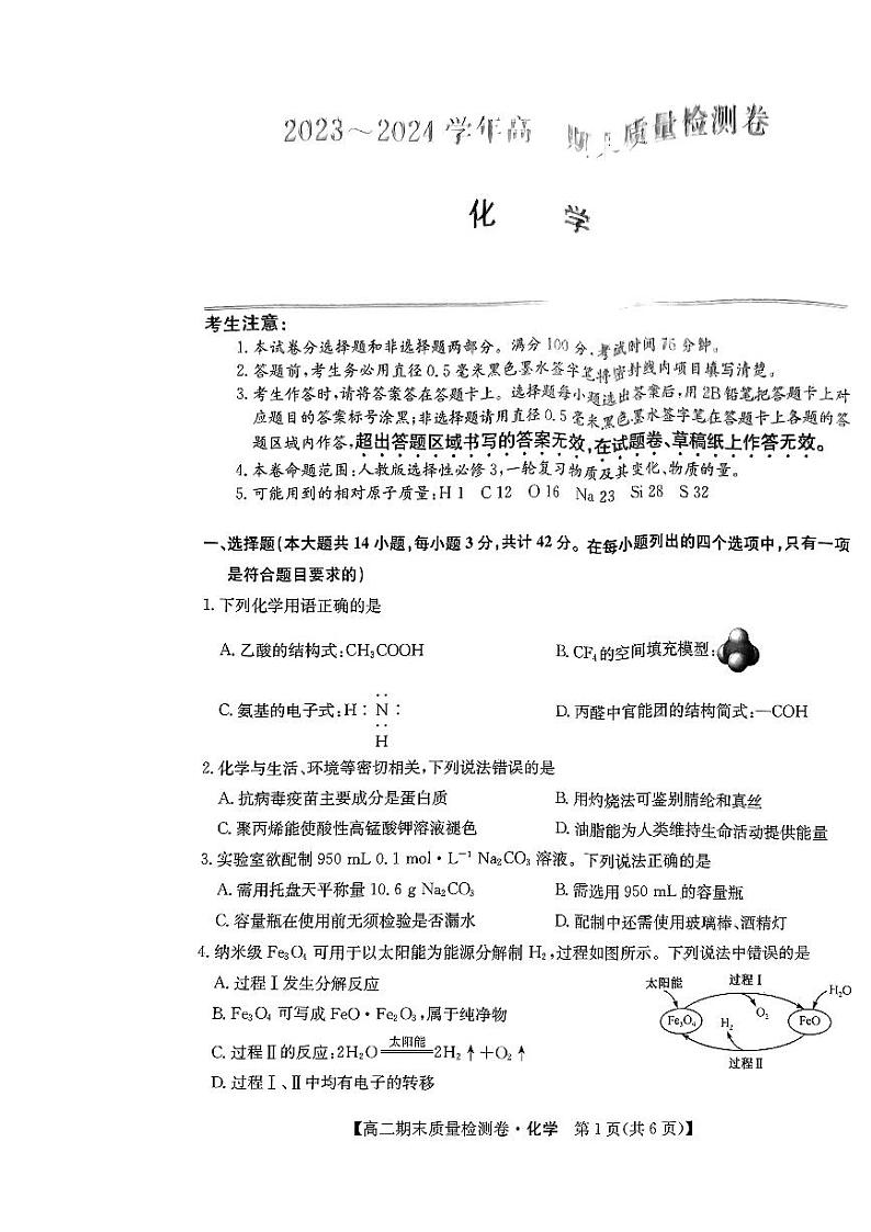 河北省廊坊市霸州市2023-2024学年高二下学期7月期末质量检测化学试题01
