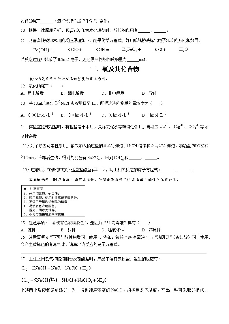 上海市洋泾中学  2023-2024学年第一学期高一化学期末考试试卷02