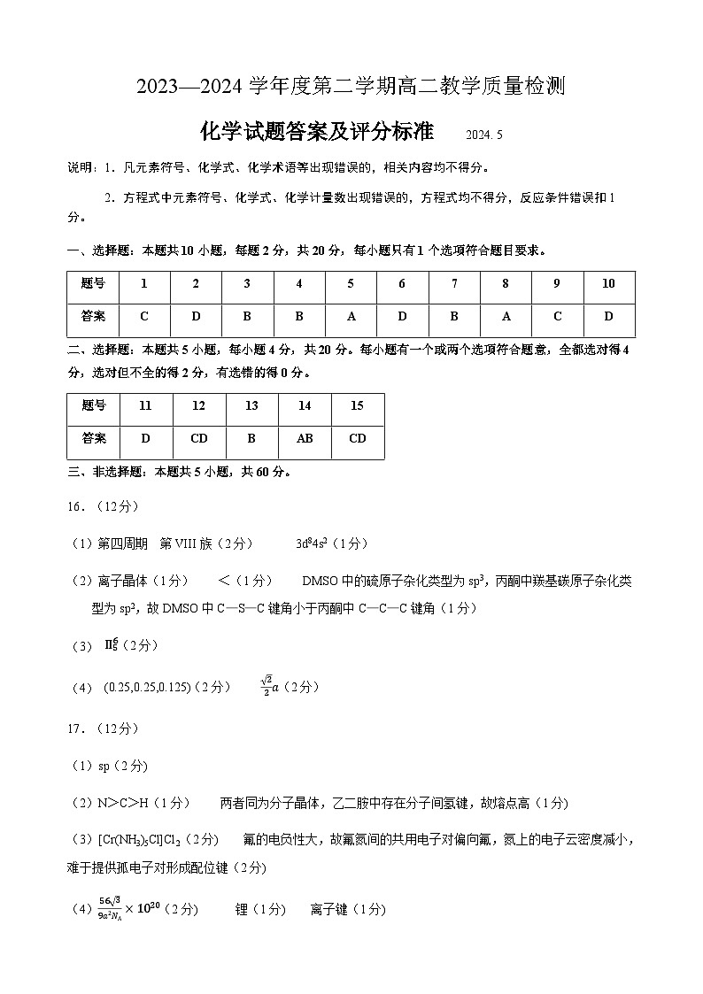 山东省淄博市2023-2024学年高二下学期期末教学质量检测化学试题01