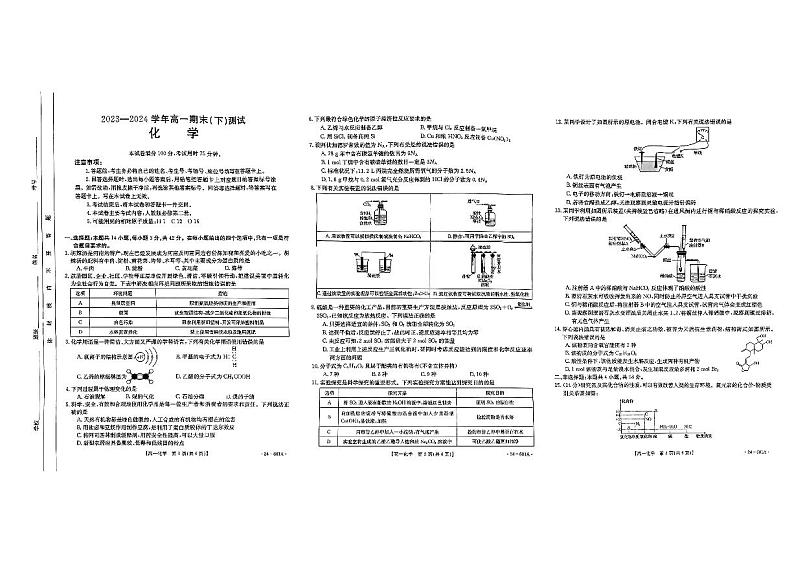 河南省新乡市长垣市2023-2024学年高一下学期7月期末考试化学试题01