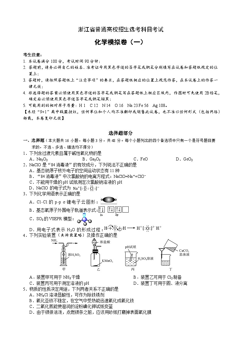 9+1_2024届_化学选考模拟卷01 试题卷第1页