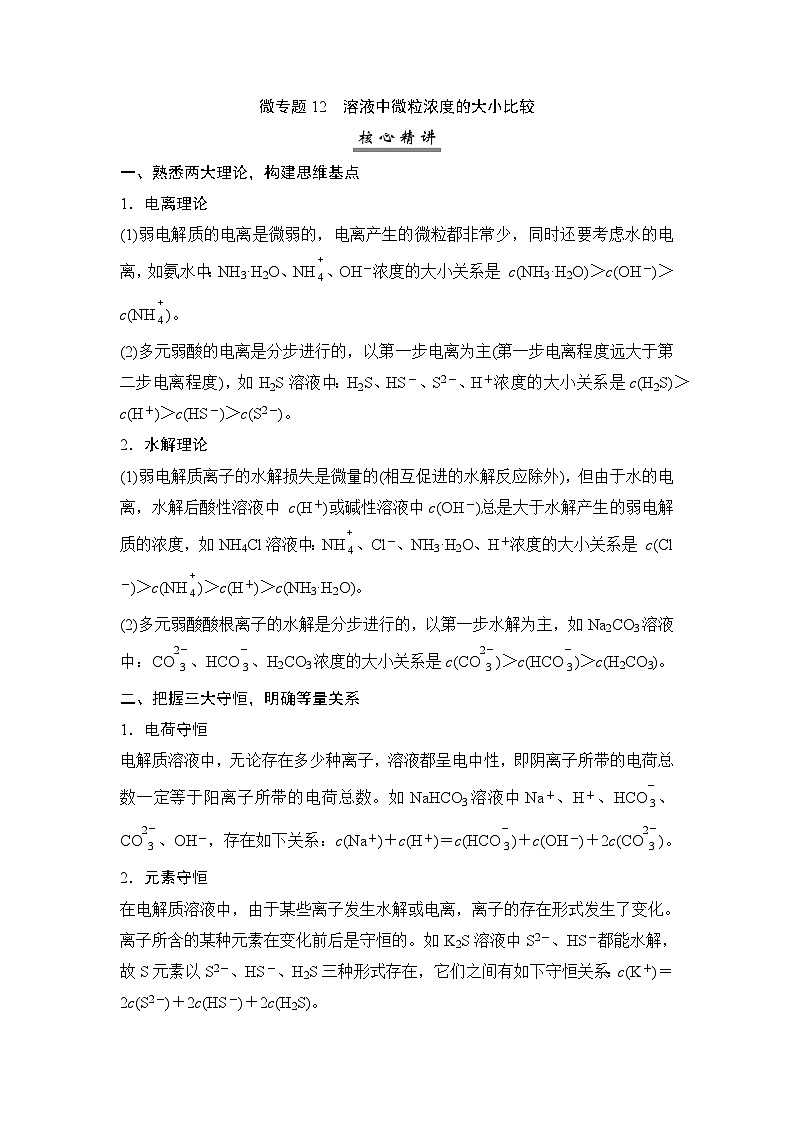高考化学一轮复习微专题12溶液中微粒浓度的大小比较学案01