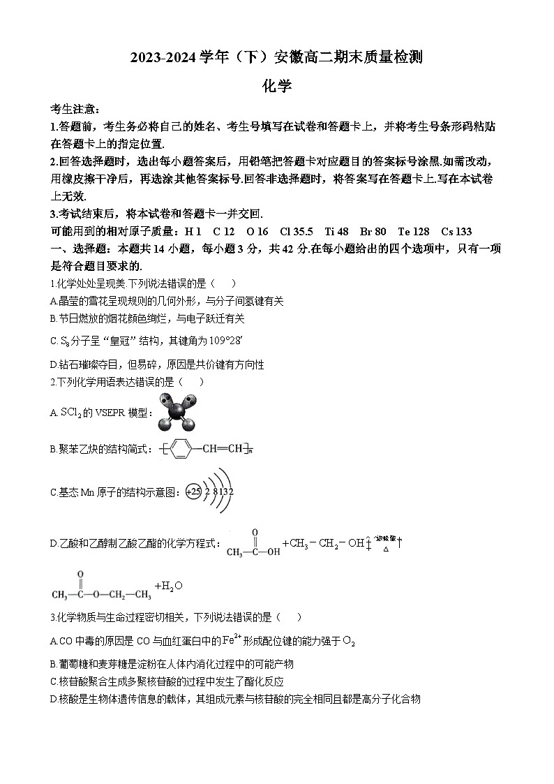 安徽省2023-2024学年高二下学期期末大联考化学试题(无答案)01