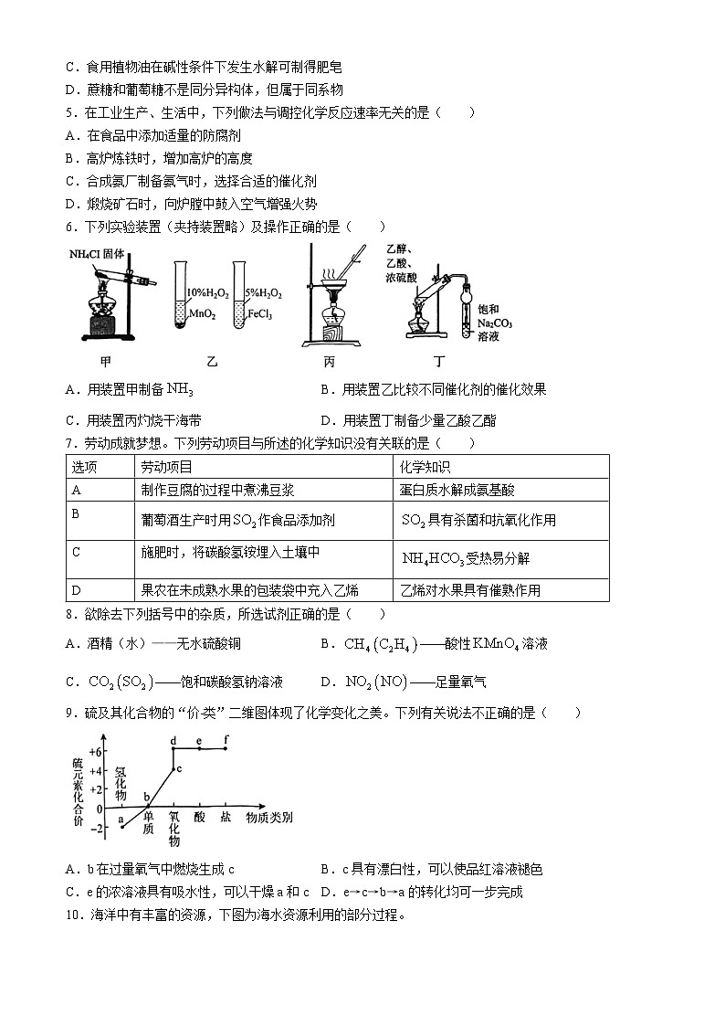 广东省中山市2023-2024学年高一下学期期末统考化学试卷(无答案)02