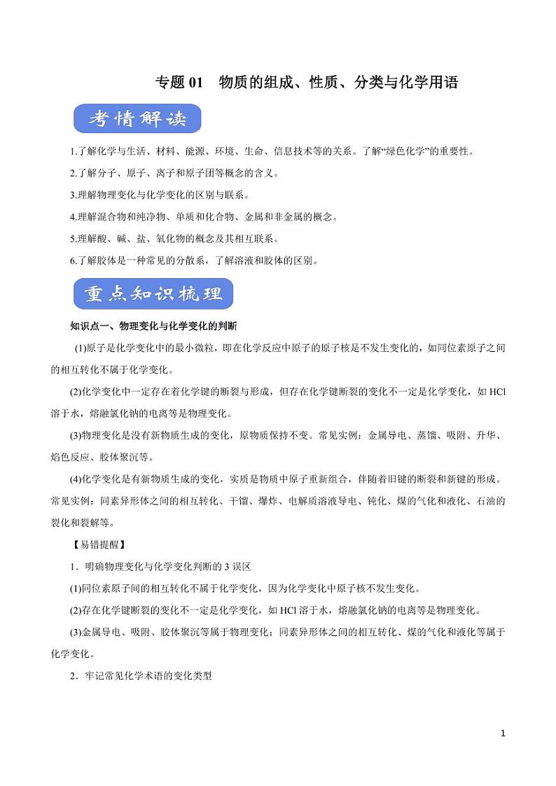 高中化学知识清单-专题01 物质的组成、性质、分类与化学用语（讲）（原卷+解析版）第1页