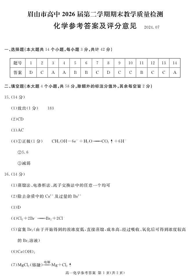 四川省眉山市高中2023-2024学年高一下学期期末教学质量检测化学试题（PDF版，含答案）01