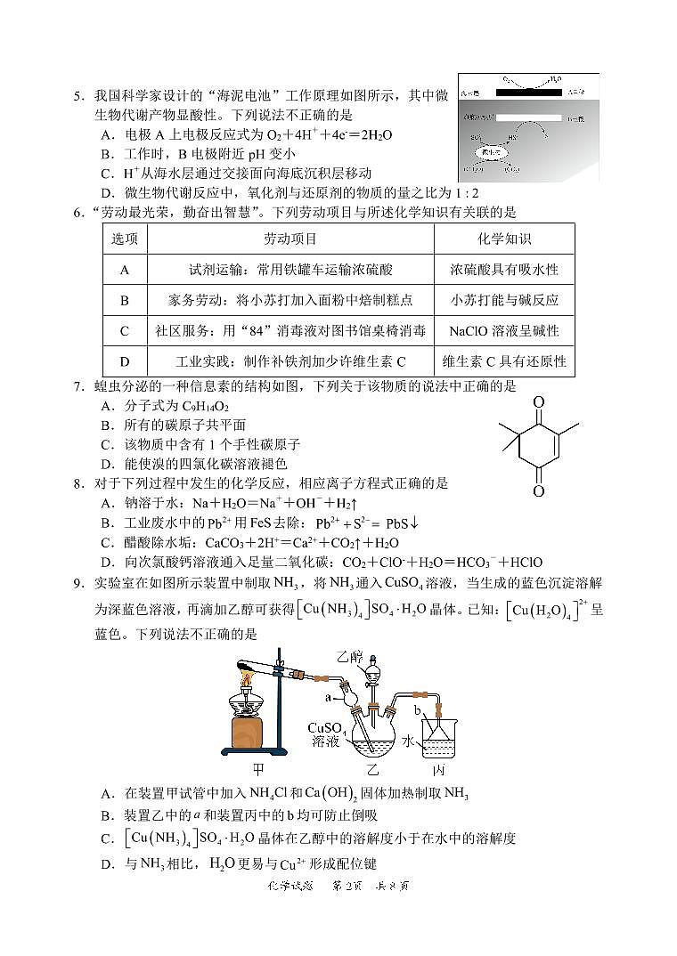 2025届广东省惠州市高三上学期第一次调研考试化学试题02