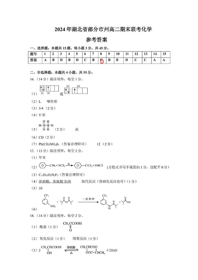 湖北省五市州2023-2024学年高二下学期7月期末考试化学试题01