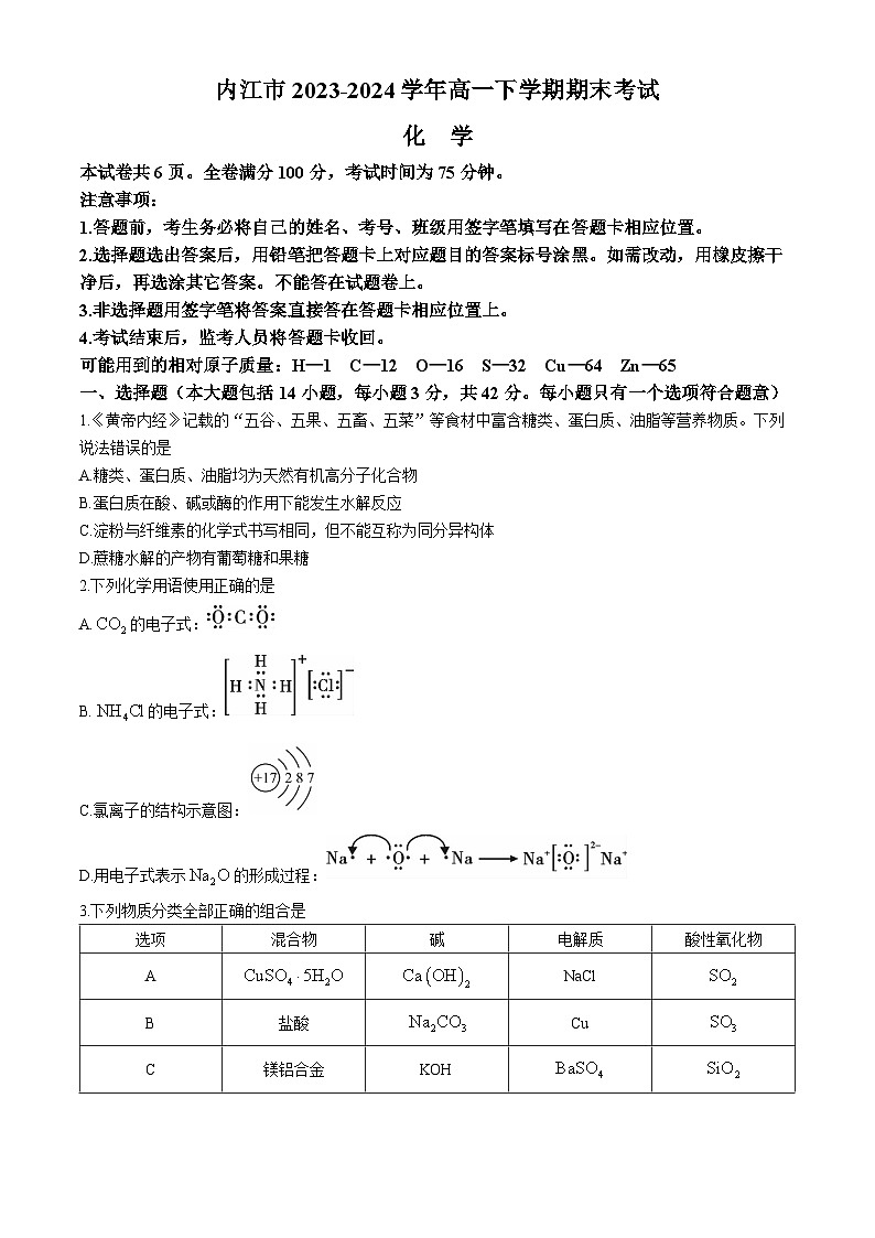 四川省内江市2023-2024学年高一下学期期末考试化学试题（含答案）第1页