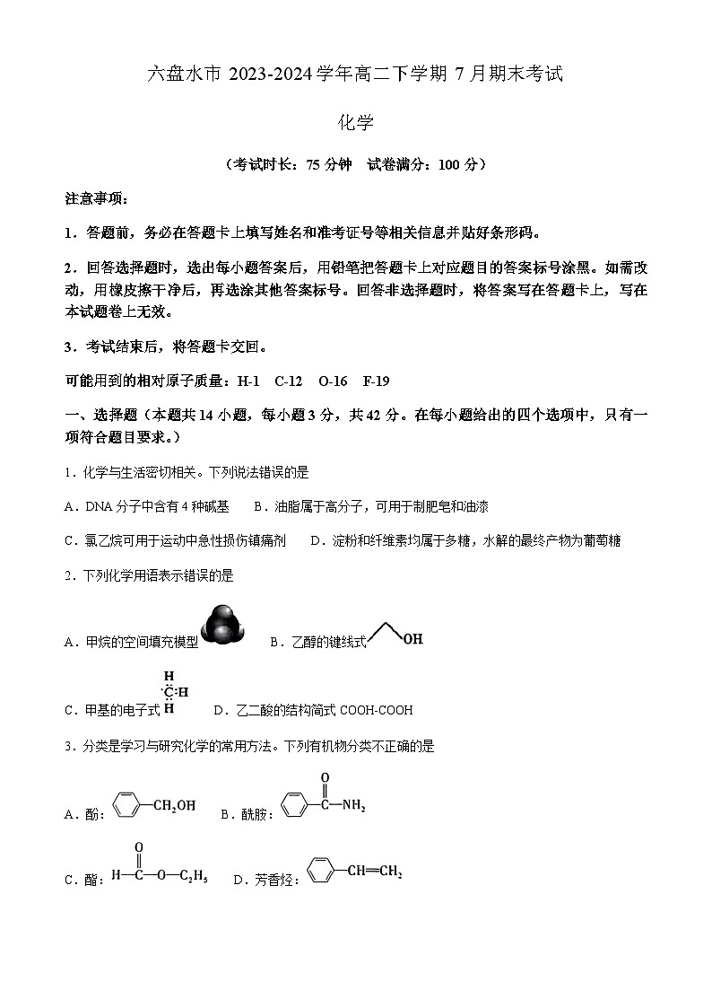 贵州省六盘水市2023-2024学年高二下学期7月期末考试化学试题（含答案）01