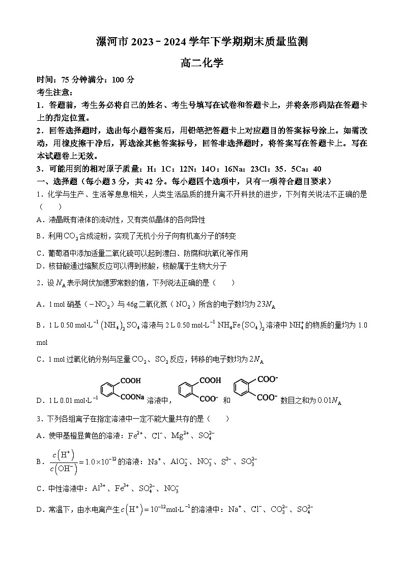 河南省漯河市2023-2024学年高二下学期期末质量监测化学试题（含答案）第1页