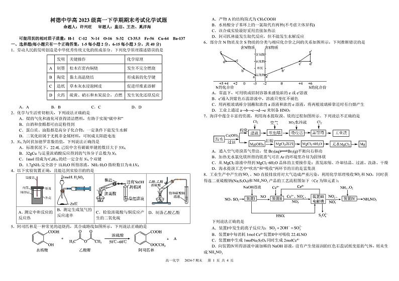 2024成都树德中学高一下学期期末考试化学PDF版含答案（可编辑）01