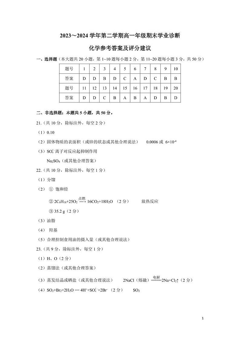 山西省晋中部分学校2023-2024学年高一下学期期末诊断考试化学试题（PDF版，含答案）01