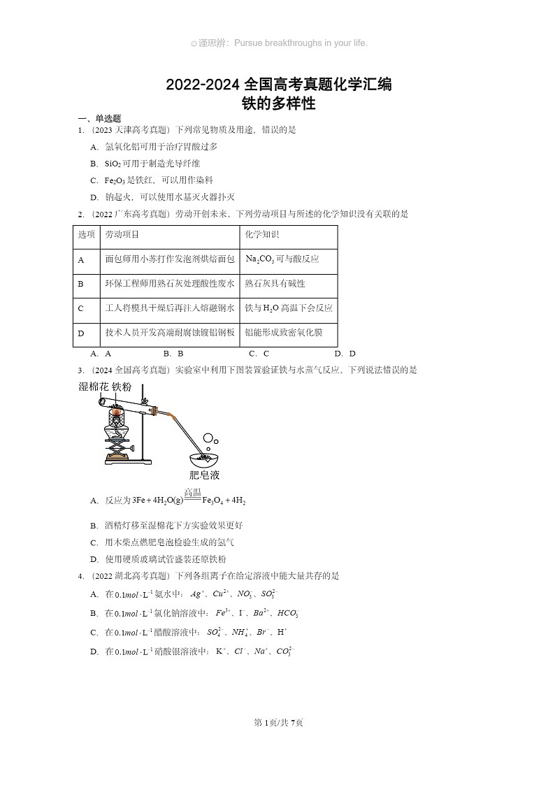 [化学]2022～2024全国高考真题化学分类汇编：铁的多样性第1页