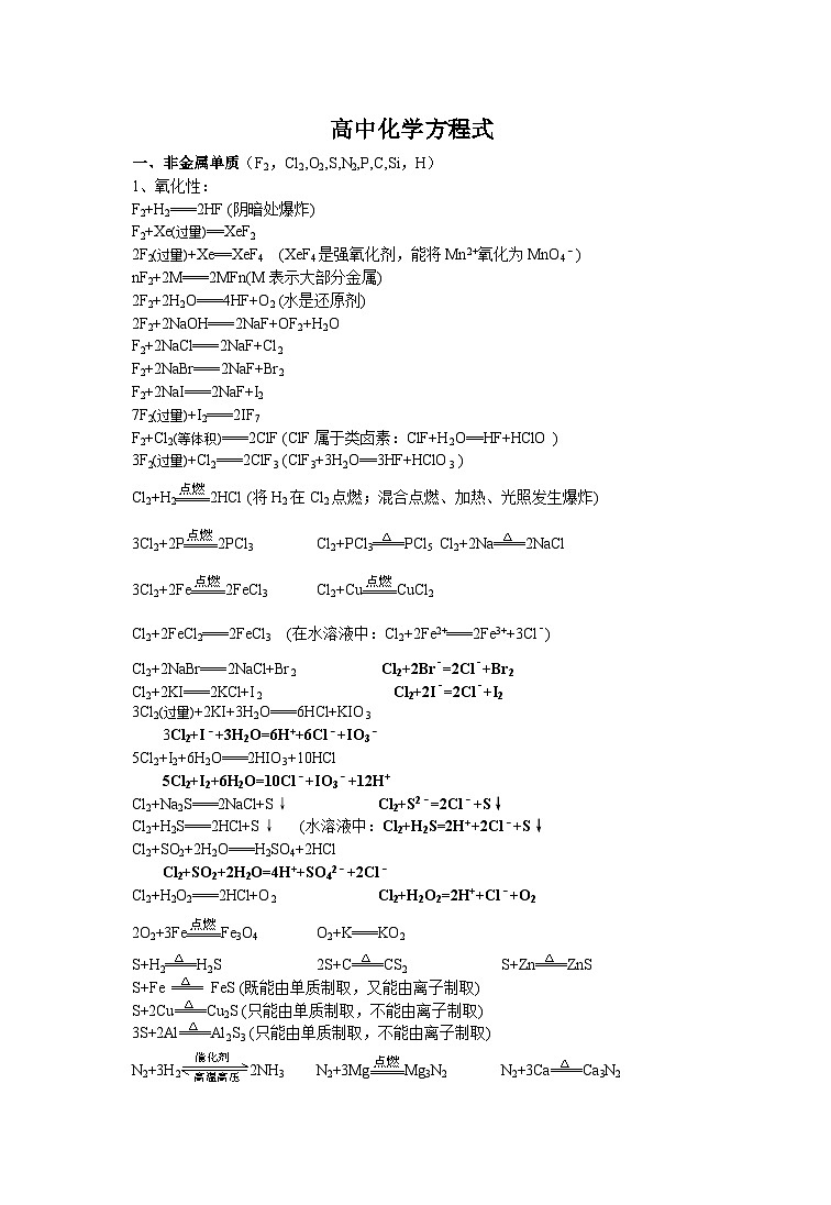 高中化学方程式归纳知识清单第1页