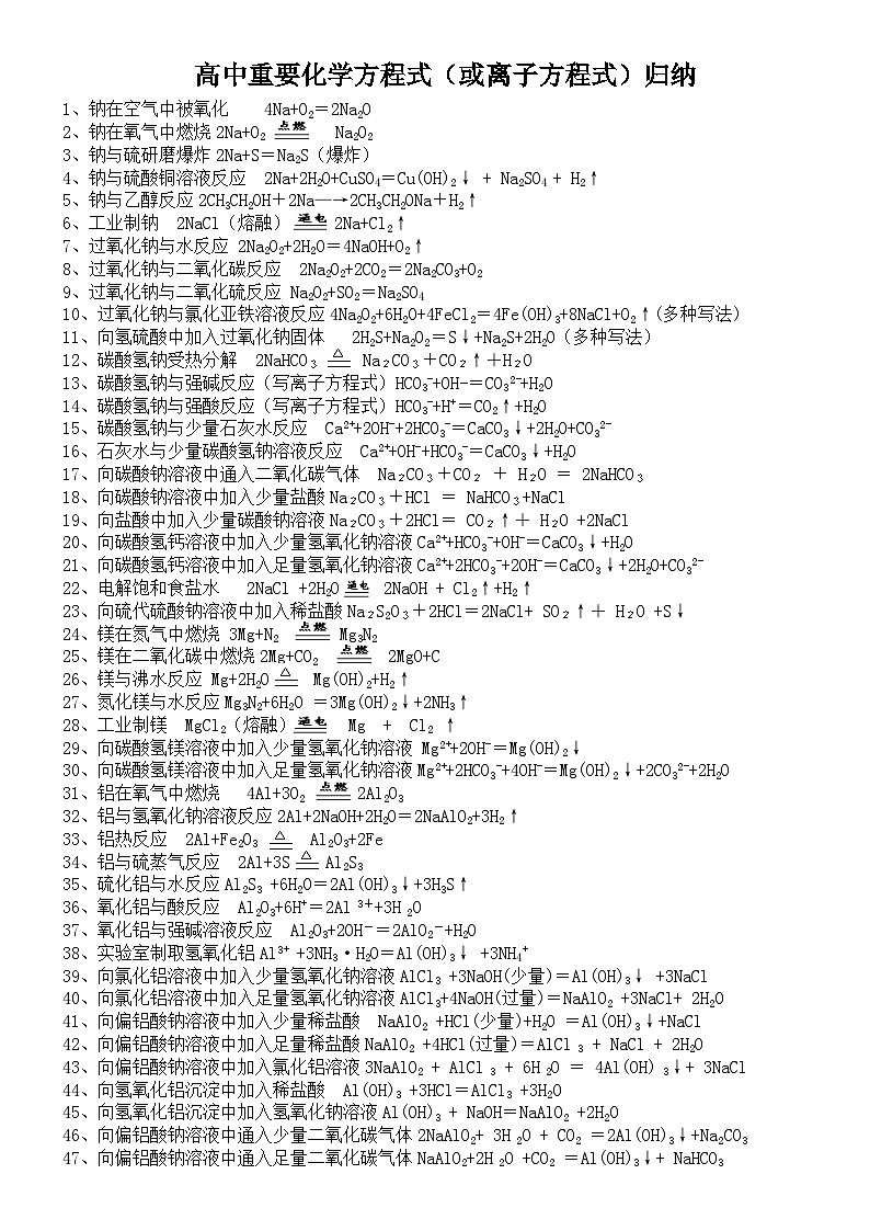高中重要化学方程式(或离子方程式)知识点归纳（含答案）第1页