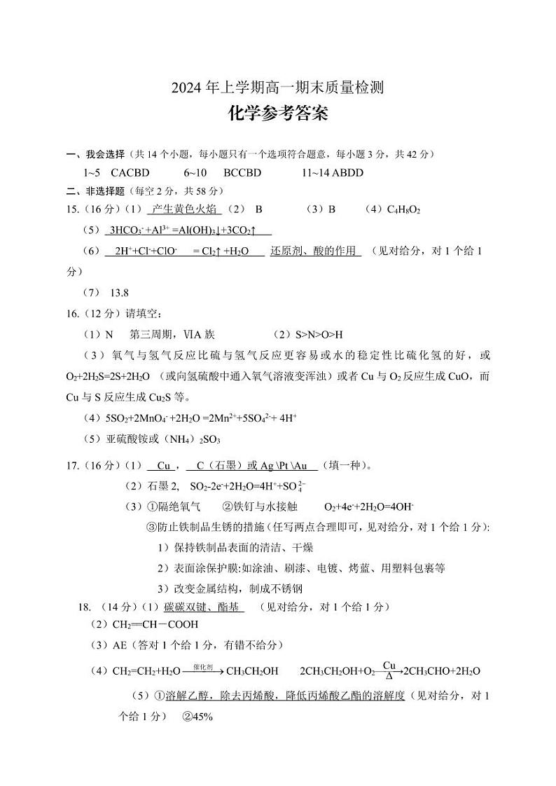 湖南省邵阳市隆回县2023-2024学年高一下学期期末考试化学试题01