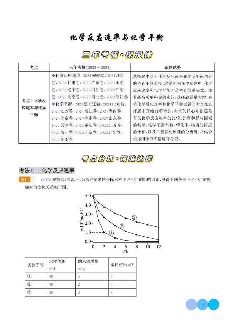 化学反应速率与化学平衡--三年（2022-2024）高考化学真题分类汇编01