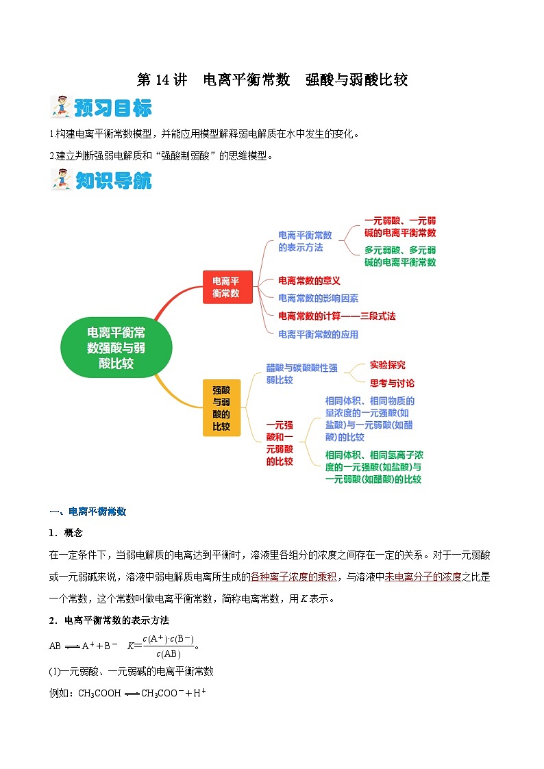第14讲 电离平衡常数　强酸与弱酸比较 （含答案）【暑假弯道超车】2024年新高二化学暑假讲义+习题（人教版2019选择性必修1）01