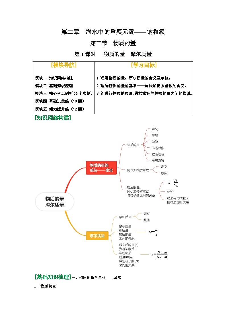 第09讲 物质的量 摩尔质量-【暑假学与练】2024年新高一化学暑假精品讲义+分层练习（人教版2019必修第一册）（解析版）第1页