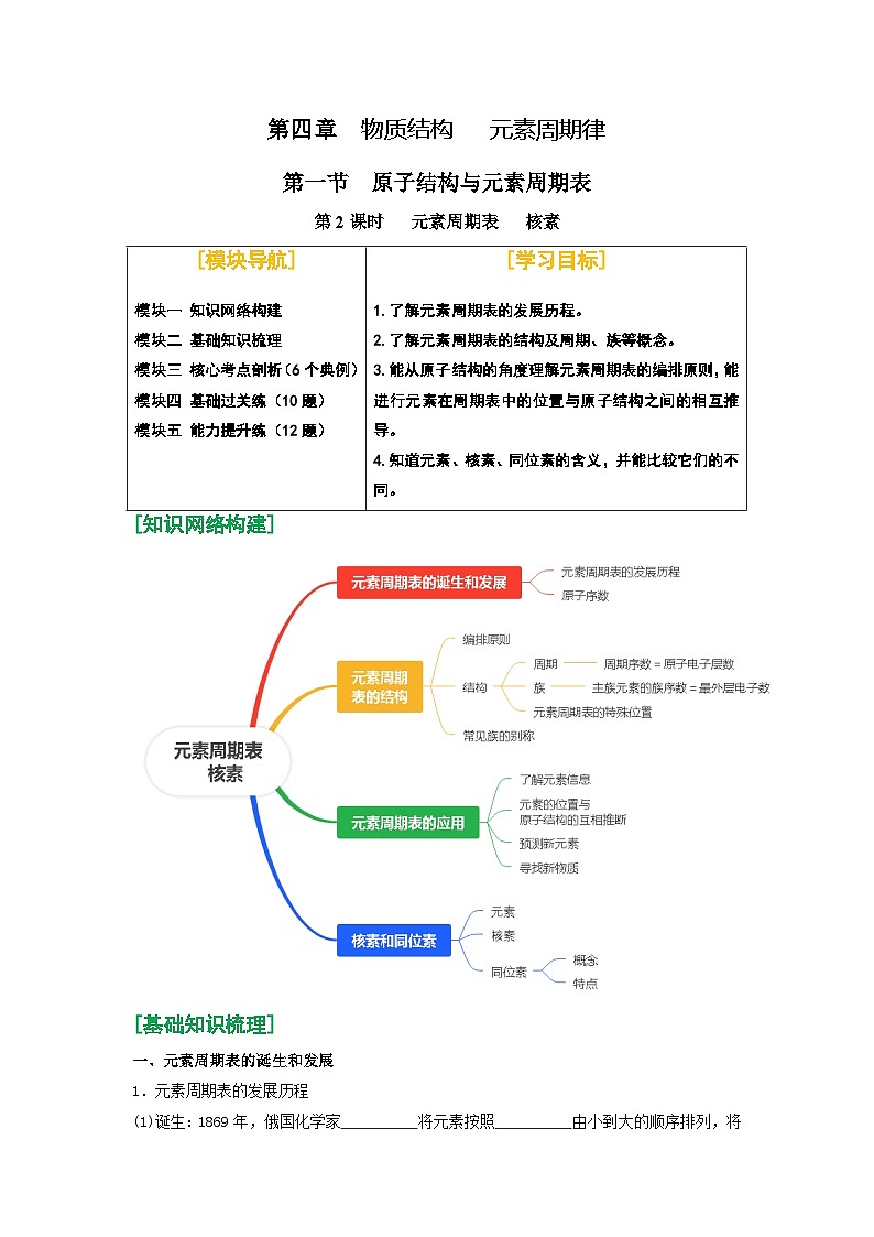 第16讲 元素周期表 核素-【暑假学与练】2024年新高一化学暑假精品讲义+分层练习（人教版2019必修第一册）（含答案）01