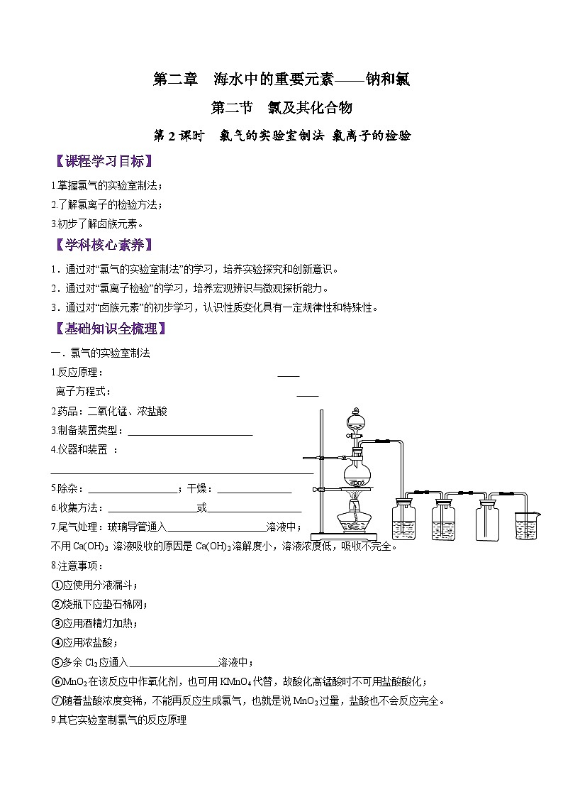 2.2.2 氯气的实验室制法 氯离子的检验-2024-2025学年新高一化学暑假新课重难点预习（人教版2019必修第一册）（含答案）01